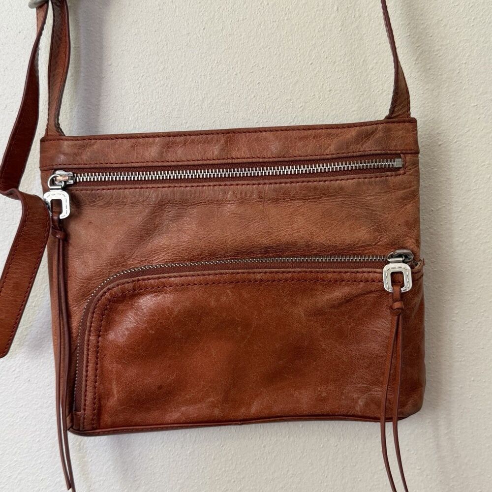 HOBO The Original Cognac Tan Genuine Leather Crossbody Bag Zip Pocket Floral